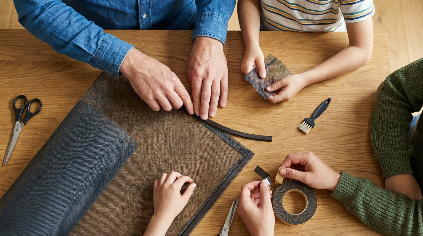 Nahaufnahme eines fliegennetz magnetisch am Fensterrahmen mit Magnetband