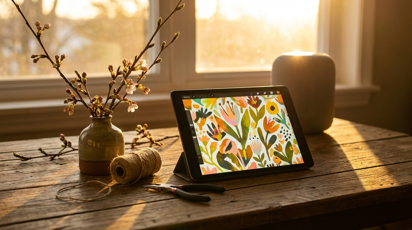 Frühlingsdeko Wohnzimmer mit hellen Textilien und frischen Tulpen auf einem Holztisch