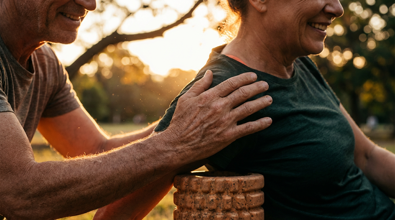 Eine Person führt Faszientraining Übungen mit einer Schaumstoffrolle auf einer Matte aus