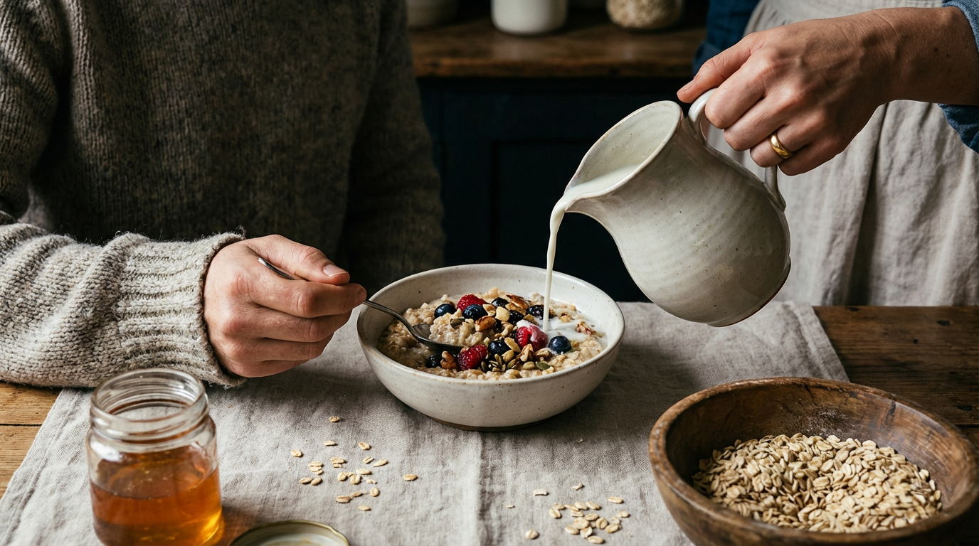 Detaillierte Übersicht der Nährwerte Haferflocken in einer Schale mit Beeren