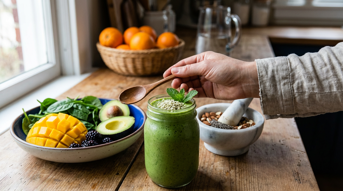 Frische Zutaten für gesunde Smoothies Rezepte wie Spinat, Beeren und Bananen auf einem Holztisch
