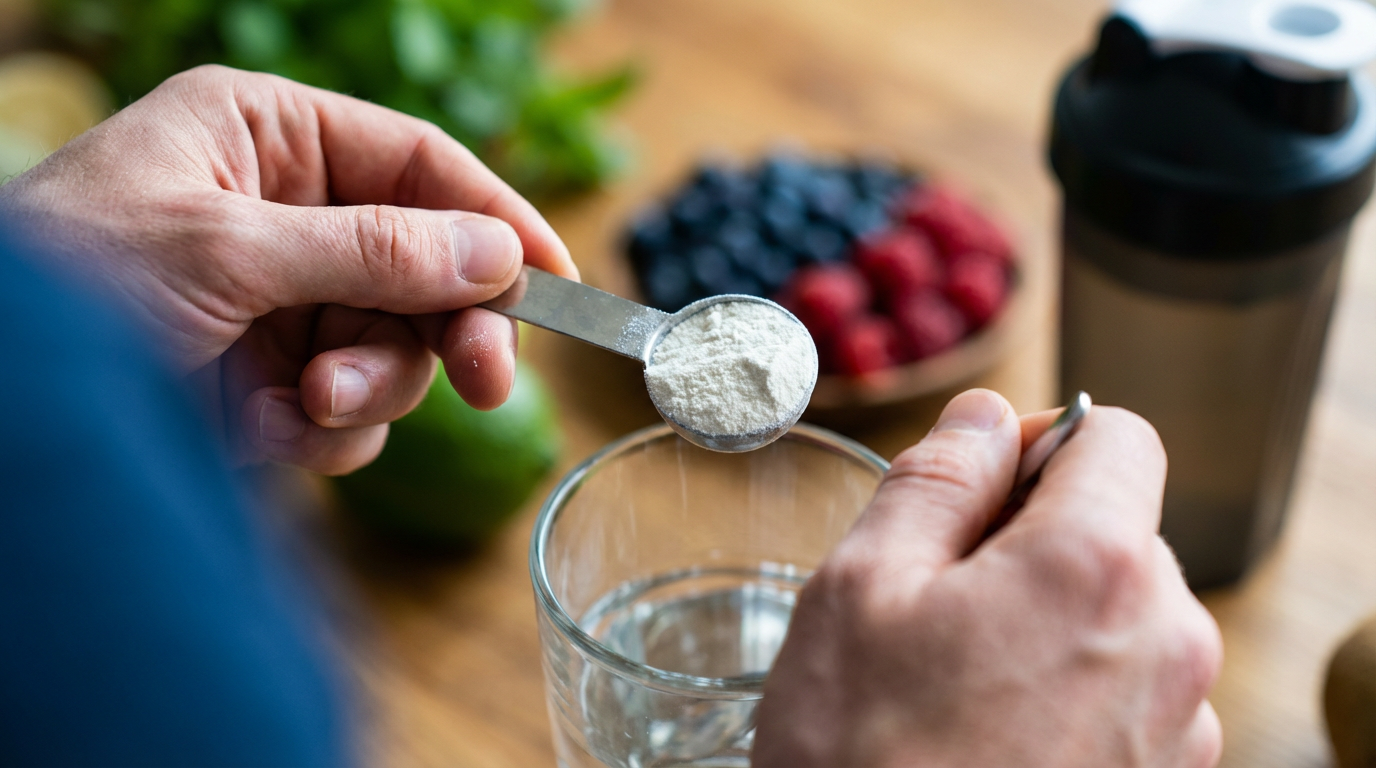 Nahaufnahme von weißem Kreatinpulver in einem Messlöffel zur Veranschaulichung der Einnahme