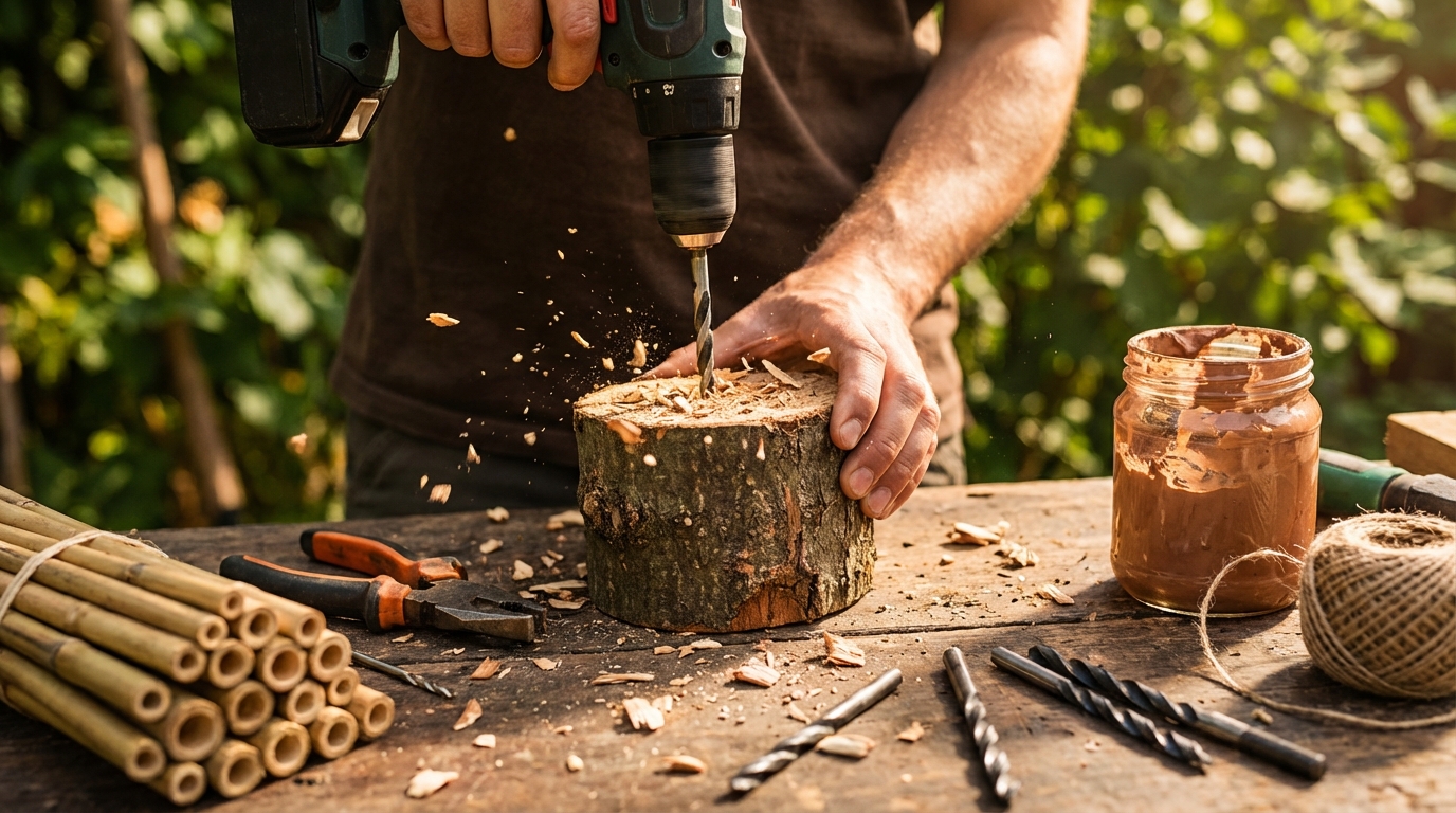 Ein handgefertigter Mauerbienen Nistkasten aus Hartholz mit verschiedenen Bohrdurchmessern an einer sonnigen Hauswand