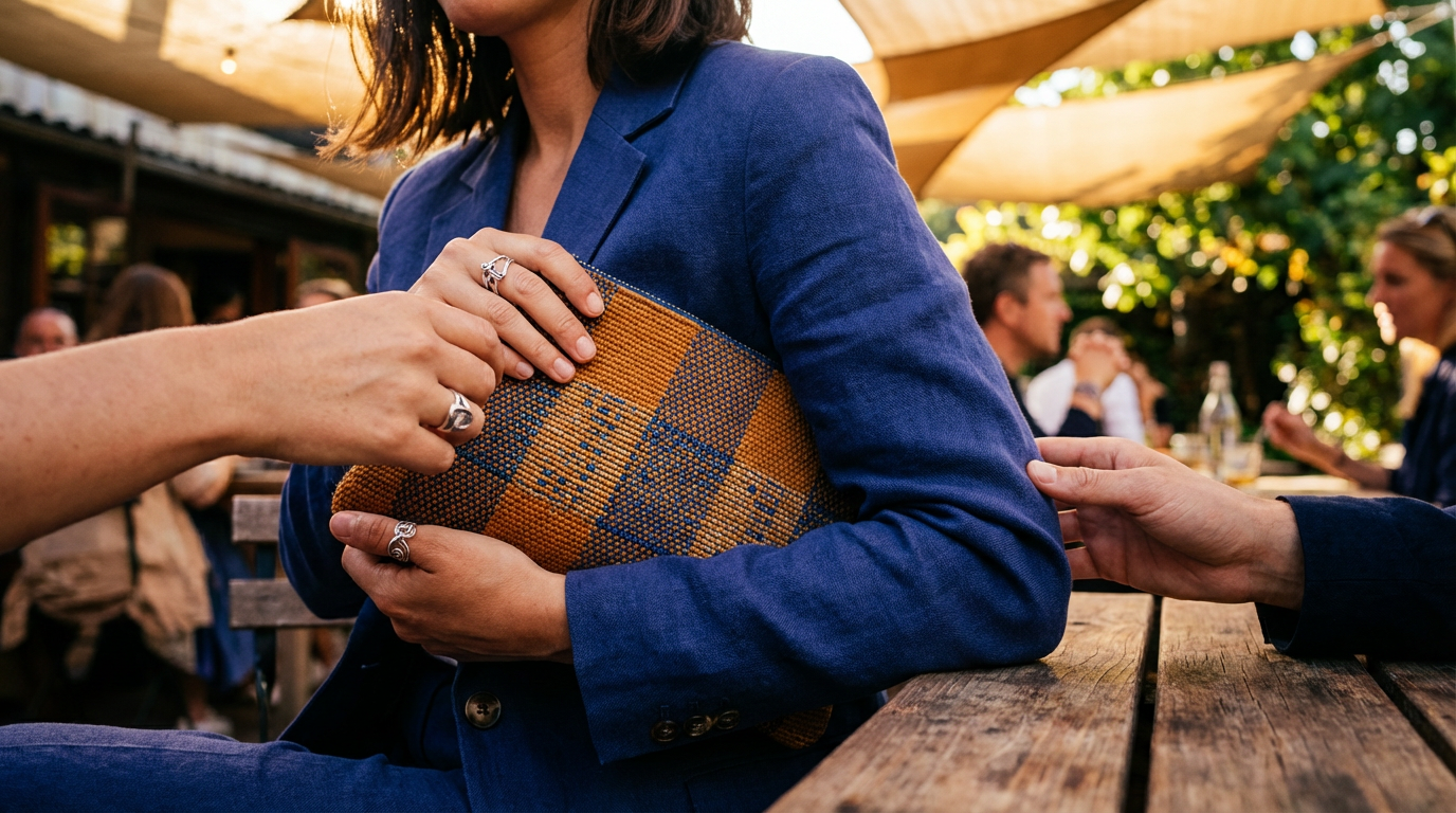 Eine elegante schwarze Leder Clutch tasche kombinieren mit einem Abendkleid