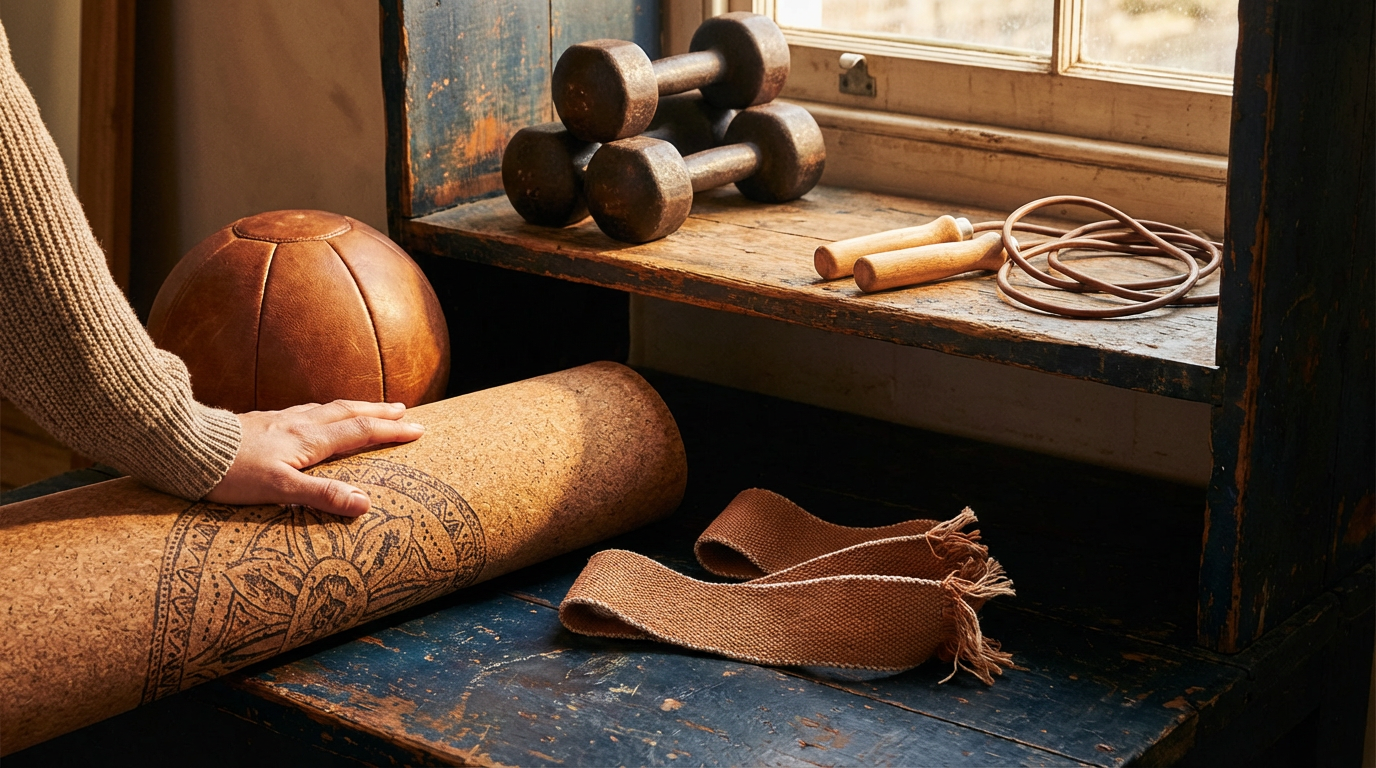 Verschiedene Sportgeräte für zuhause wie Hanteln und eine Yogamatte in einem hellen Raum