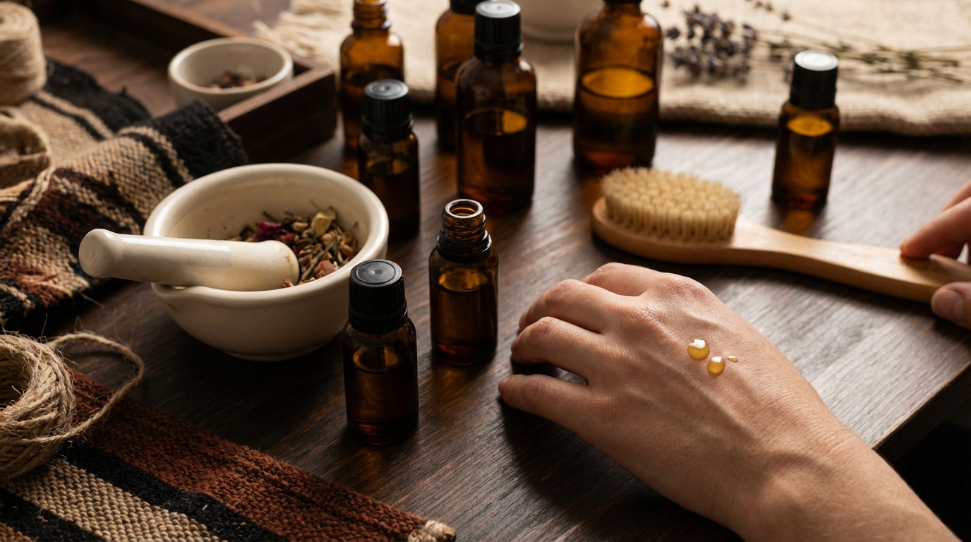 Nahaufnahme von goldenem Haaröl für trockene Haare in einer Glasflasche