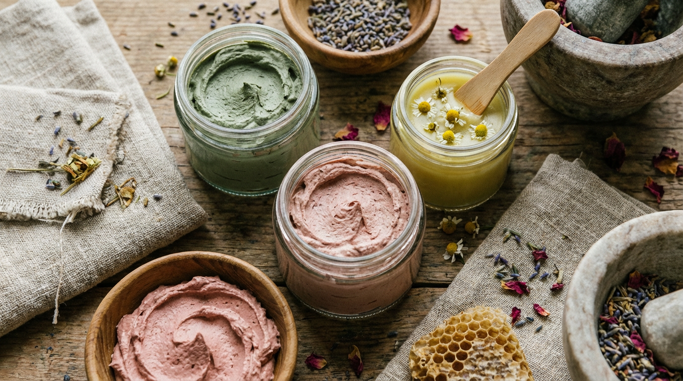 Verschiedene Tiegel und Flaschen mit Naturkosmetik Gesichtspflege auf einem Holzuntergrund