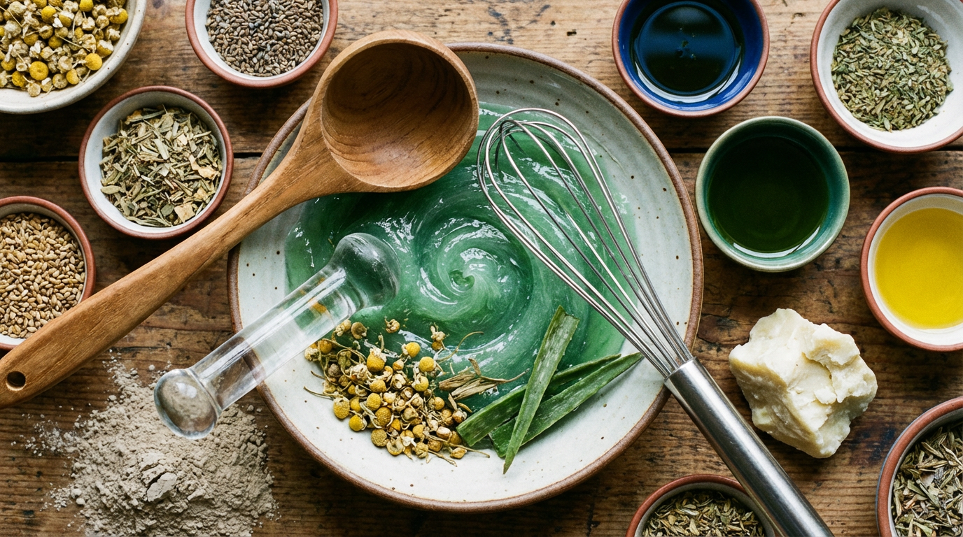 Verschiedene Flaschen mit veganem Duschgel und grünen Blättern