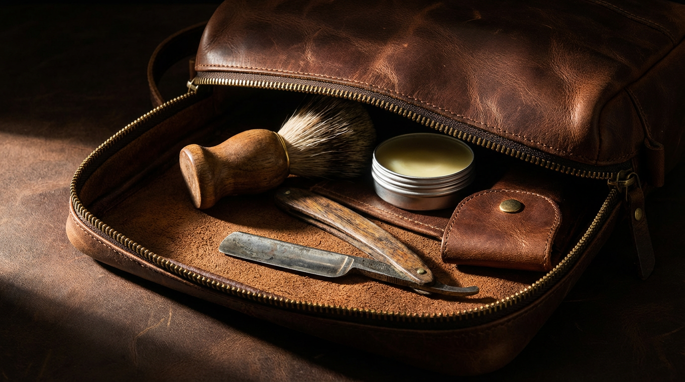 Hochwertiger brauner Herren Kulturbeutel Leder auf einem Holztisch neben Rasierzubehör