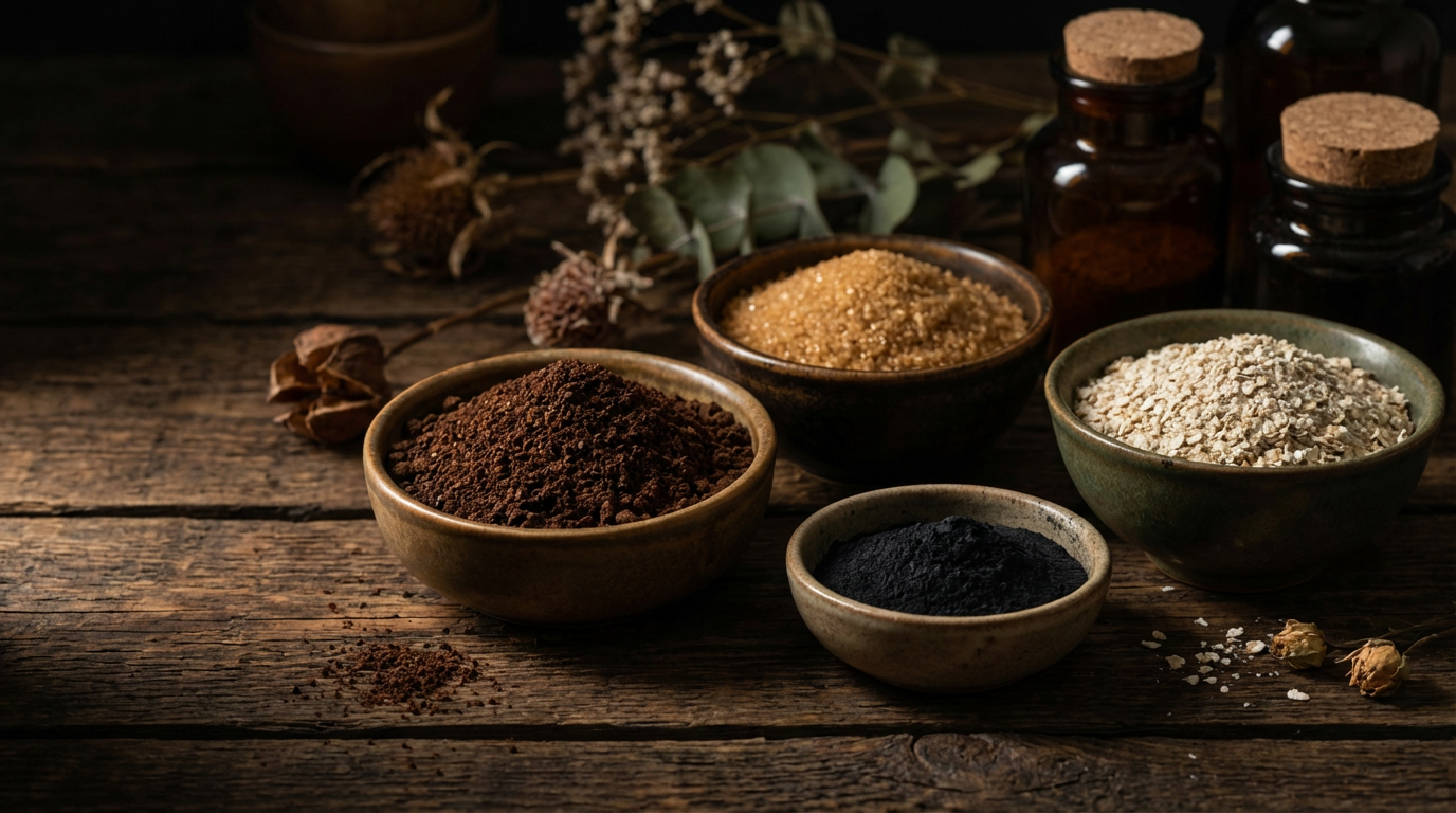 Natürliche Zutaten wie Kaffeesatz und Öl für ein Gesichtspeeling selber machen