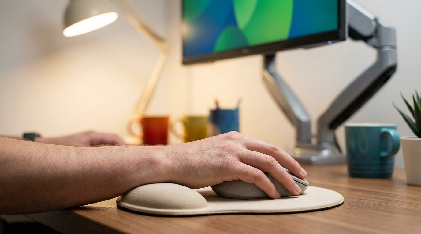 Ergonomisch eingerichteter Arbeitsplatz mit verstellbarem Bürostuhl und Monitor für optimale Homeoffice Ergonomie