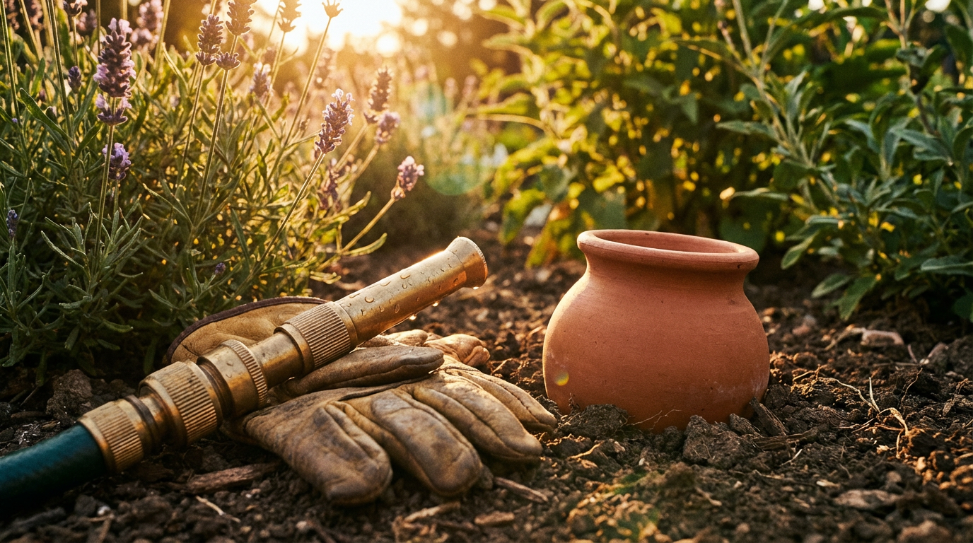 Verschiedene Gartenbewässerung Systeme wie Tropfschläuche und Rasensprenger in einem grünen Garten