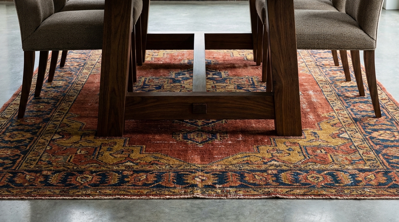 Ein moderner runder Teppich unter einem Esstisch aus Holz in einem hellen Wohnzimmer