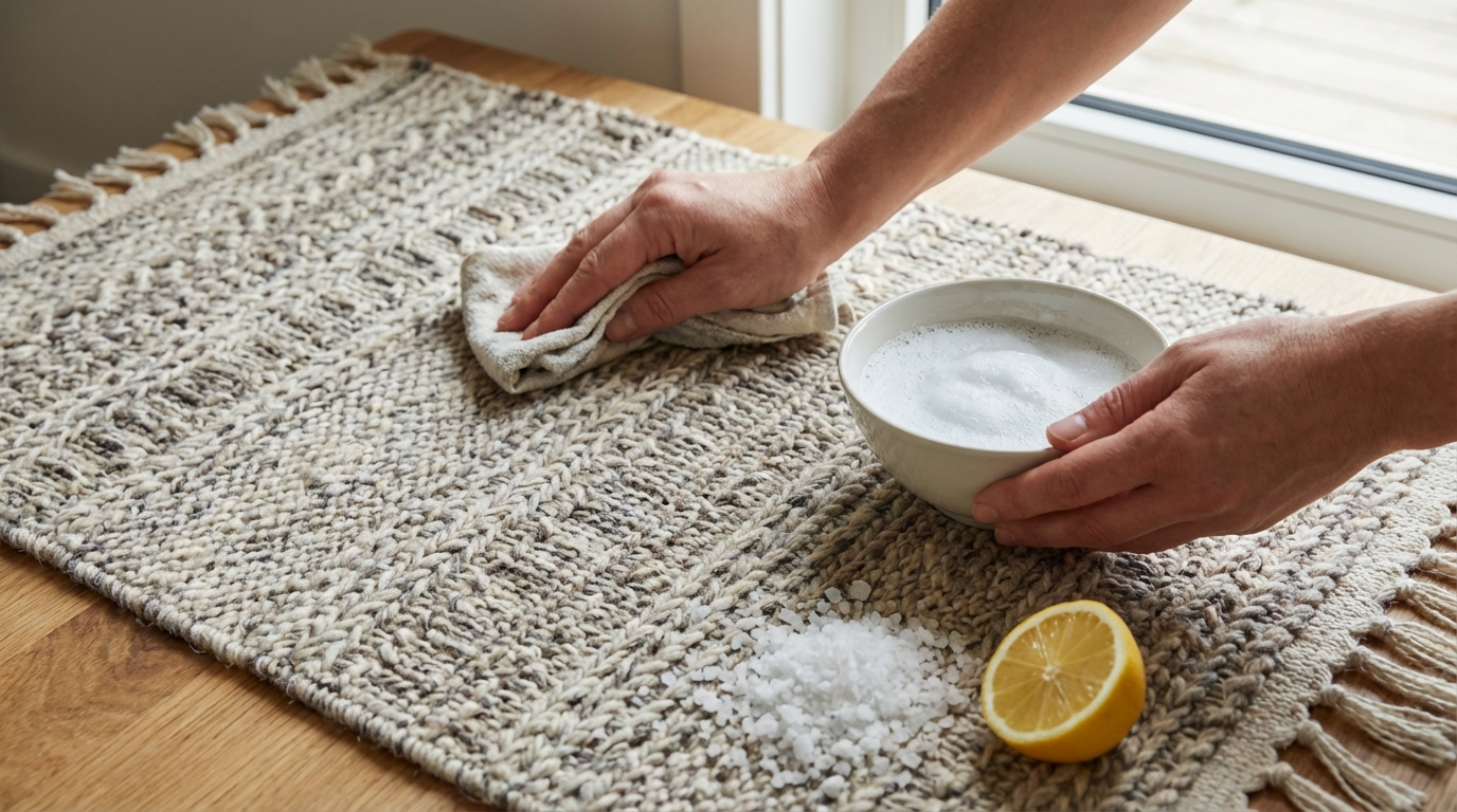 Teppich reinigen Hausmittel wie Natron und Essig auf einem hellen Teppichboden