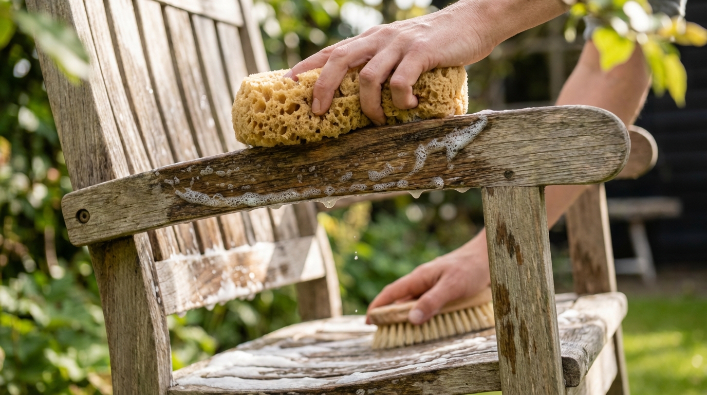 Gartenmöbel reinigen mit einer Bürste und Seifenwasser auf einer Holzterrasse