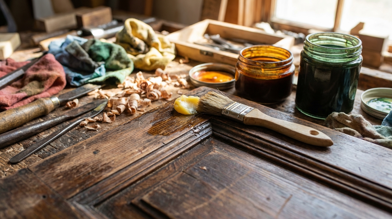 Holzkommode wird mit Schleifpapier im Rahmen einer Möbel restaurieren Anleitung bearbeitet