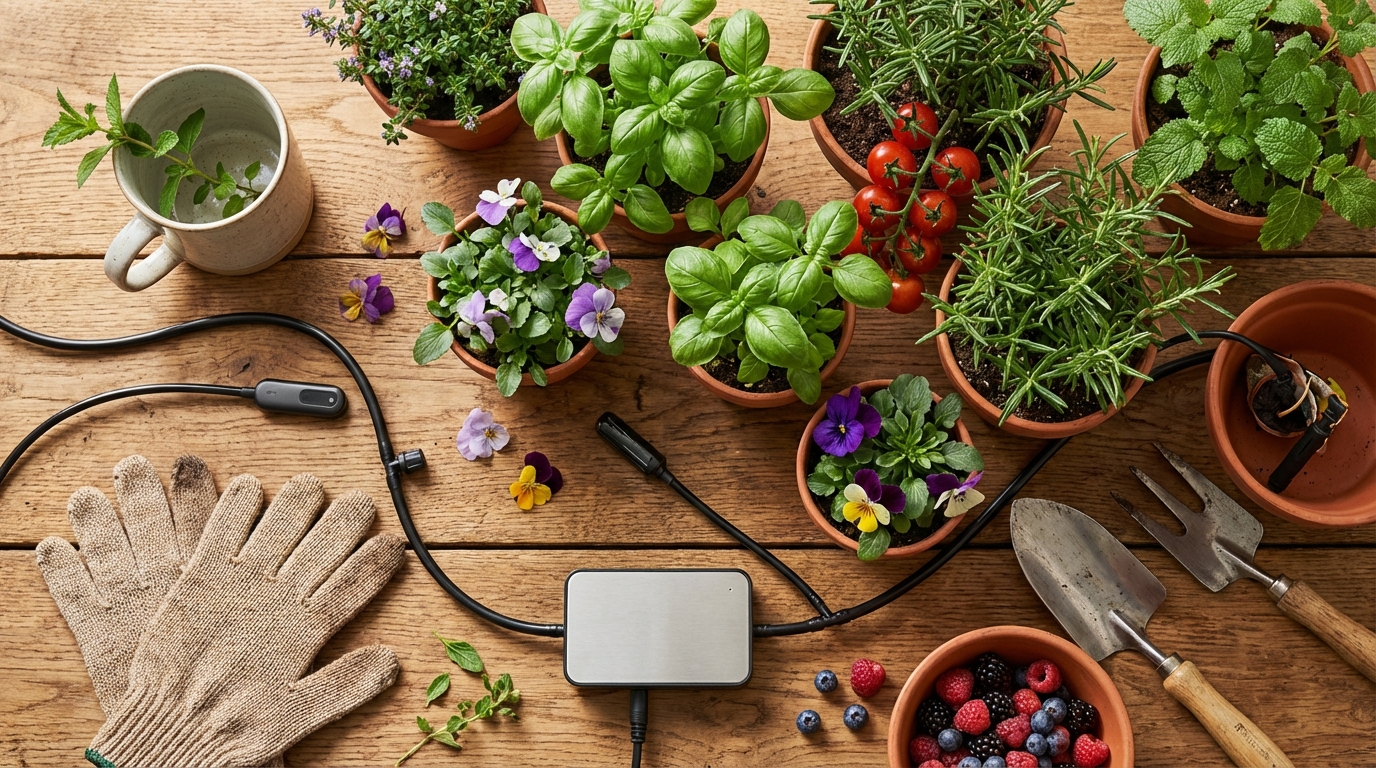 Ein installiertes smartes Bewässerungssystem mit Bodenfeuchtesensor in einem grünen Garten
