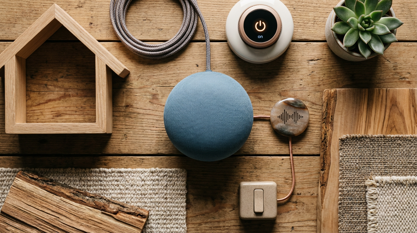 Ein moderner Sprachassistent im Smart Home steuert die vernetzte Umgebung auf einem Küchentisch