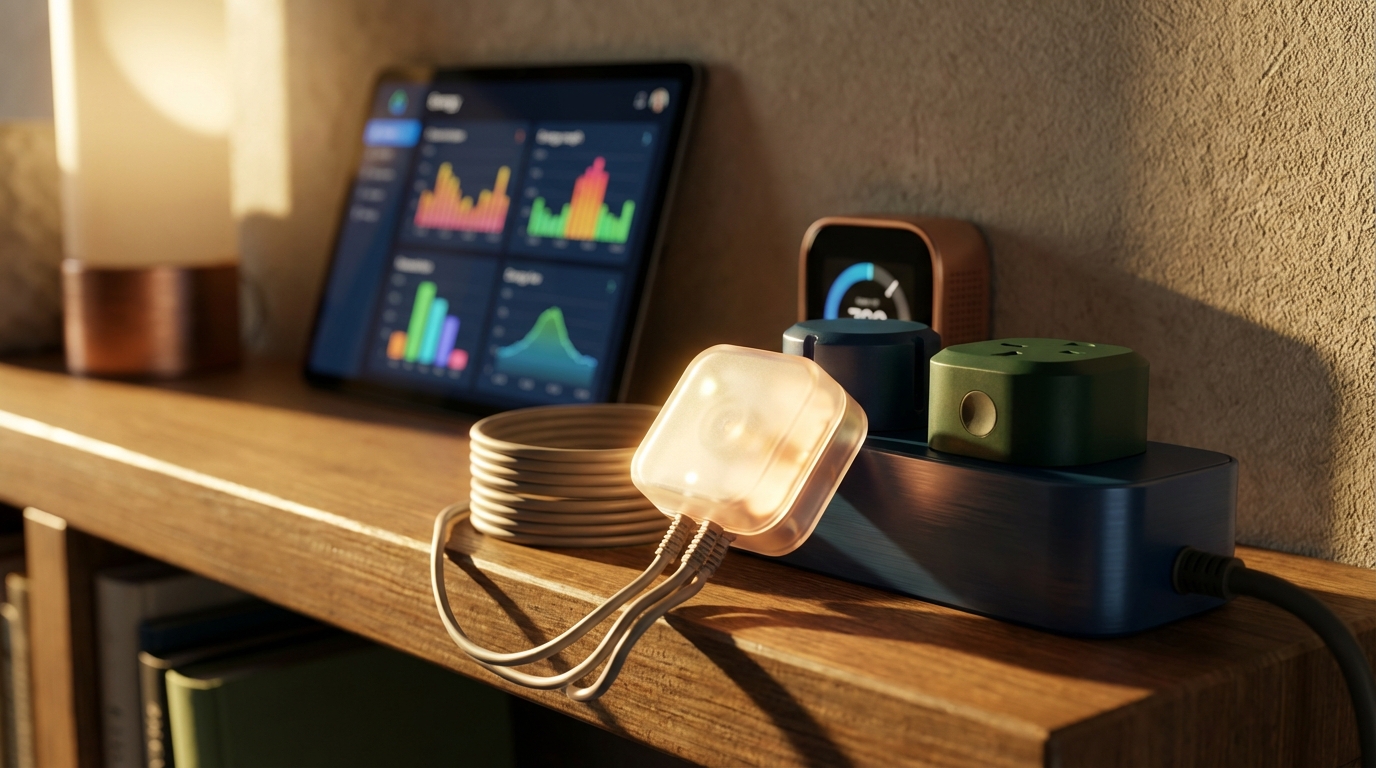 Ein Tablet zeigt eine App für smart home energie management mit Grafiken zum Stromverbrauch