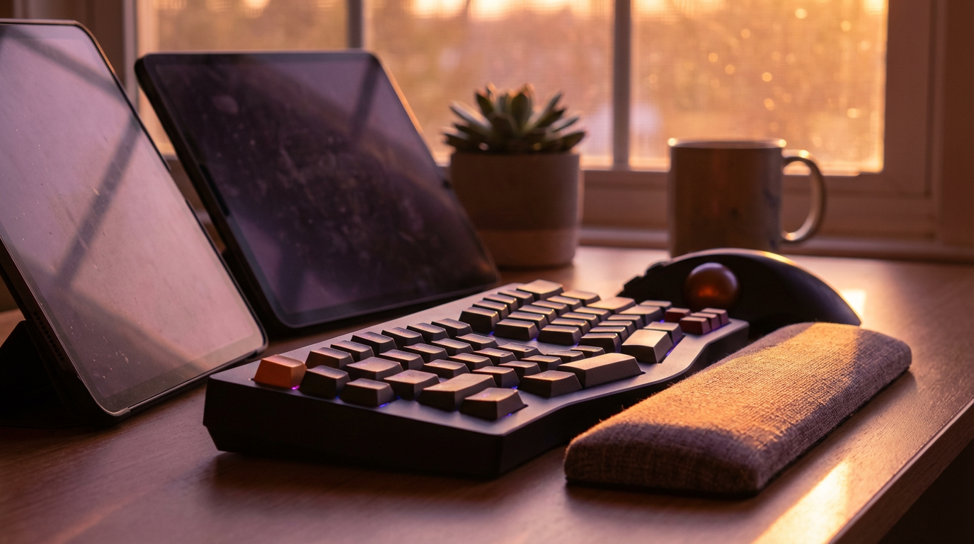 Ein modern eingerichteter Arbeitsplatz mit Fokus auf Homeoffice Ergonomie und einem höhenverstellbaren Schreibtisch
