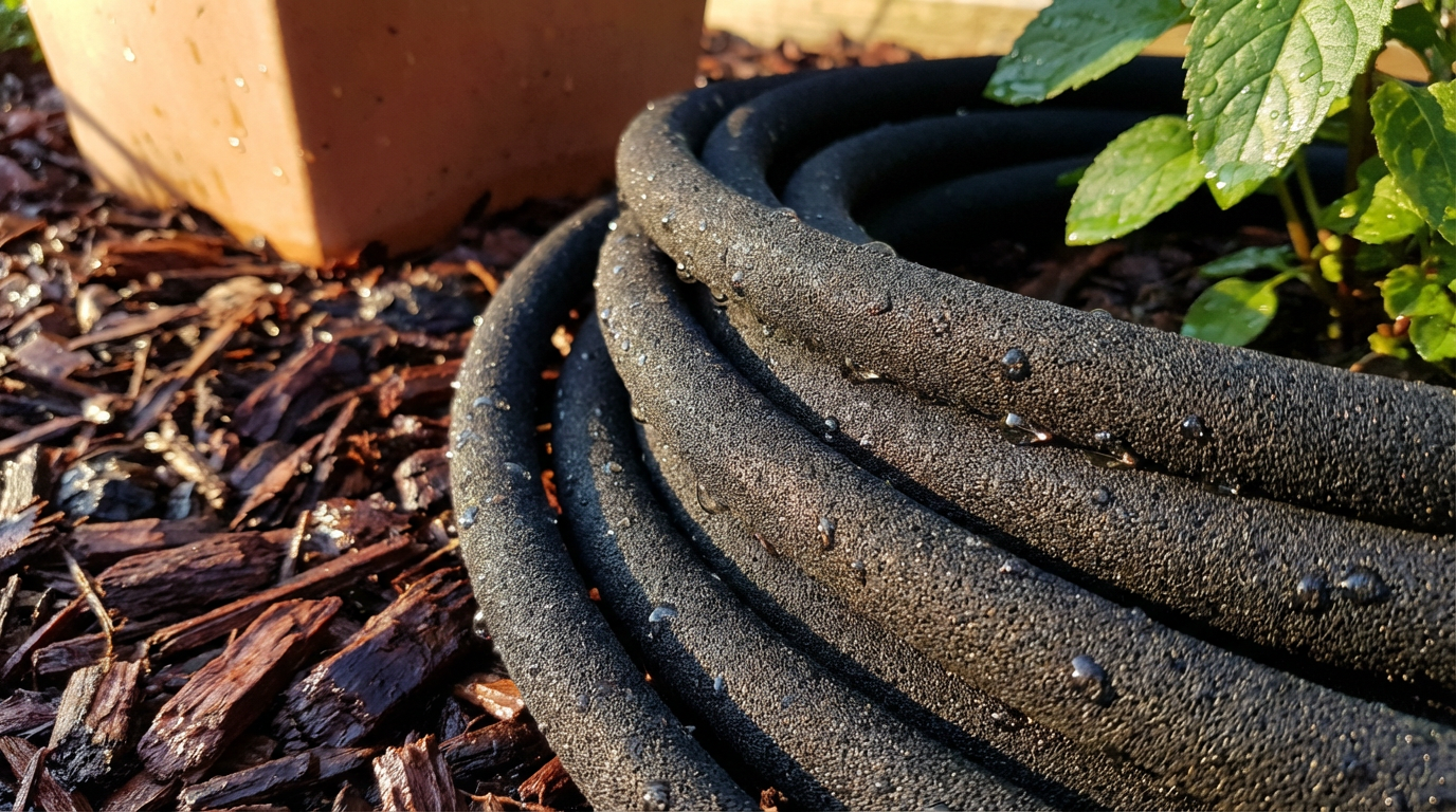 Professionelle Gartenbewässerung systeme mit Tropfschläuchen in einem Gemüsebeet
