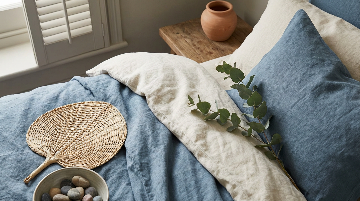 Schlafzimmer mit offener Tür und kühler Atmosphäre im Sommer