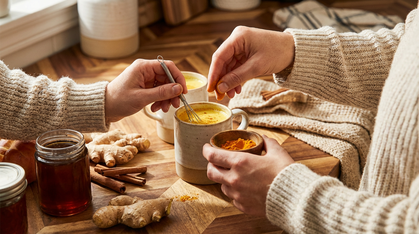 Zutaten für Goldene Milch selber machen Rezept: Kurkuma, Ingwer, Pfeffer, Kokosöl, pflanzliche Milch