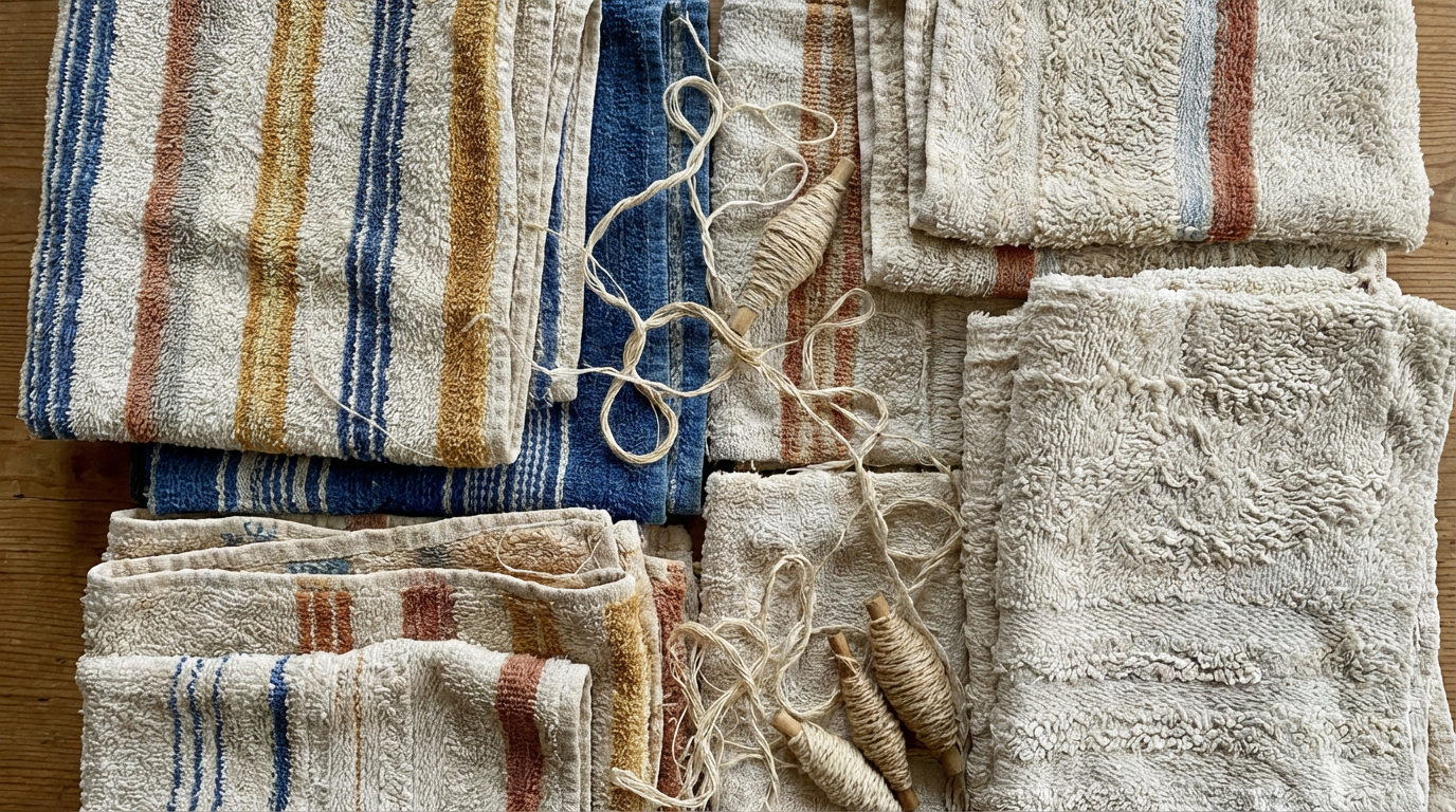 Historische Frottee-Handtücher in einem alten Badezimmer