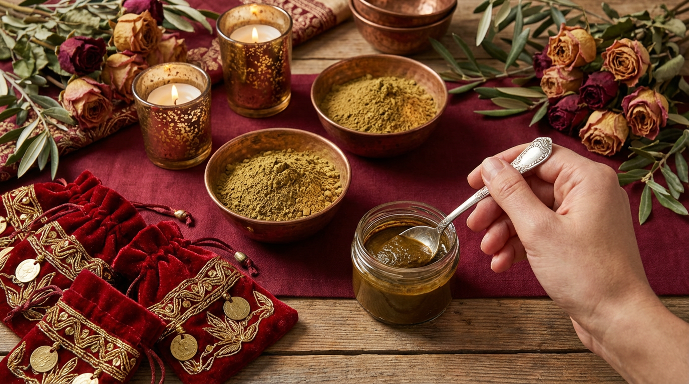 Braut mit rotem Schleier während der Kına Gecesi Rituale