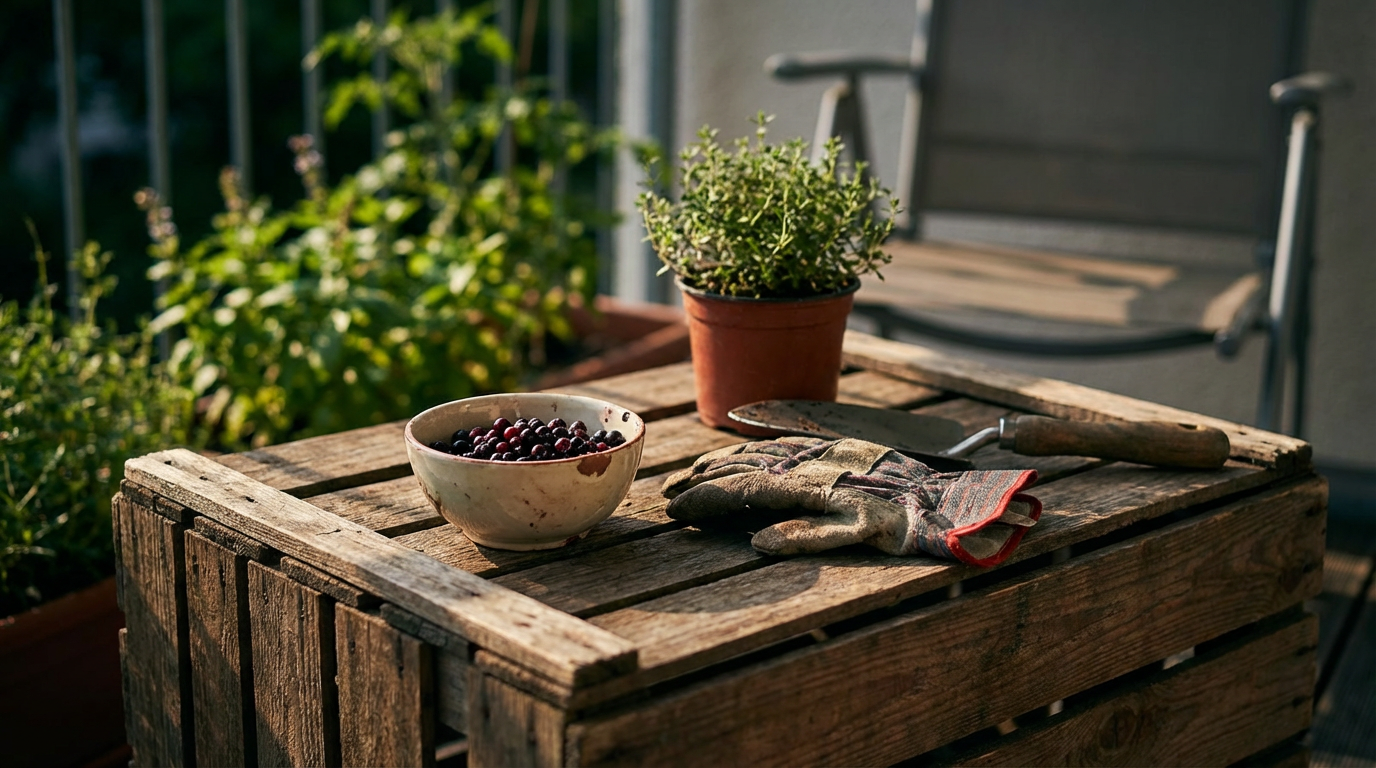 Rustikale Upcycling Gartenmöbel aus alten Holzpaletten auf einer Terrasse