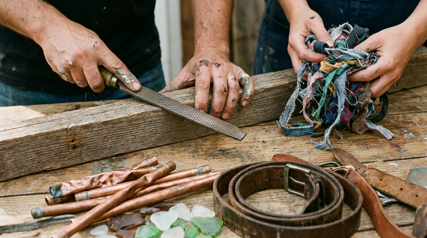 Verschiedene Upcycling Materialien Möbel wie Altholz und Metallrohre in einer Werkstatt