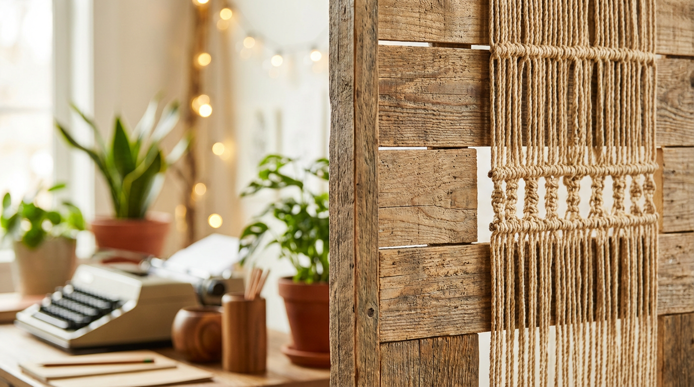 Nachhaltige Raumteiler aus recyceltem Altholz und grünen Pflanzen in einem hellen Wohnzimmer