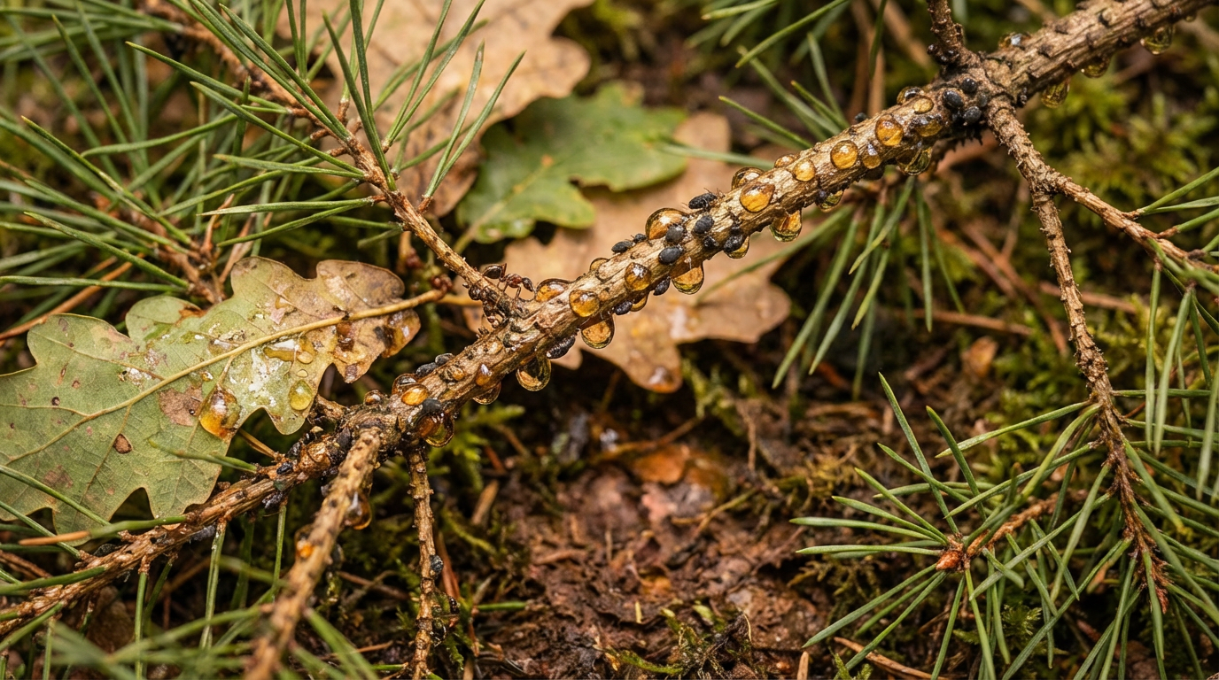 Nahaufnahme von Bienen bei der Honigtau Ernte auf einem Fichtenzweig