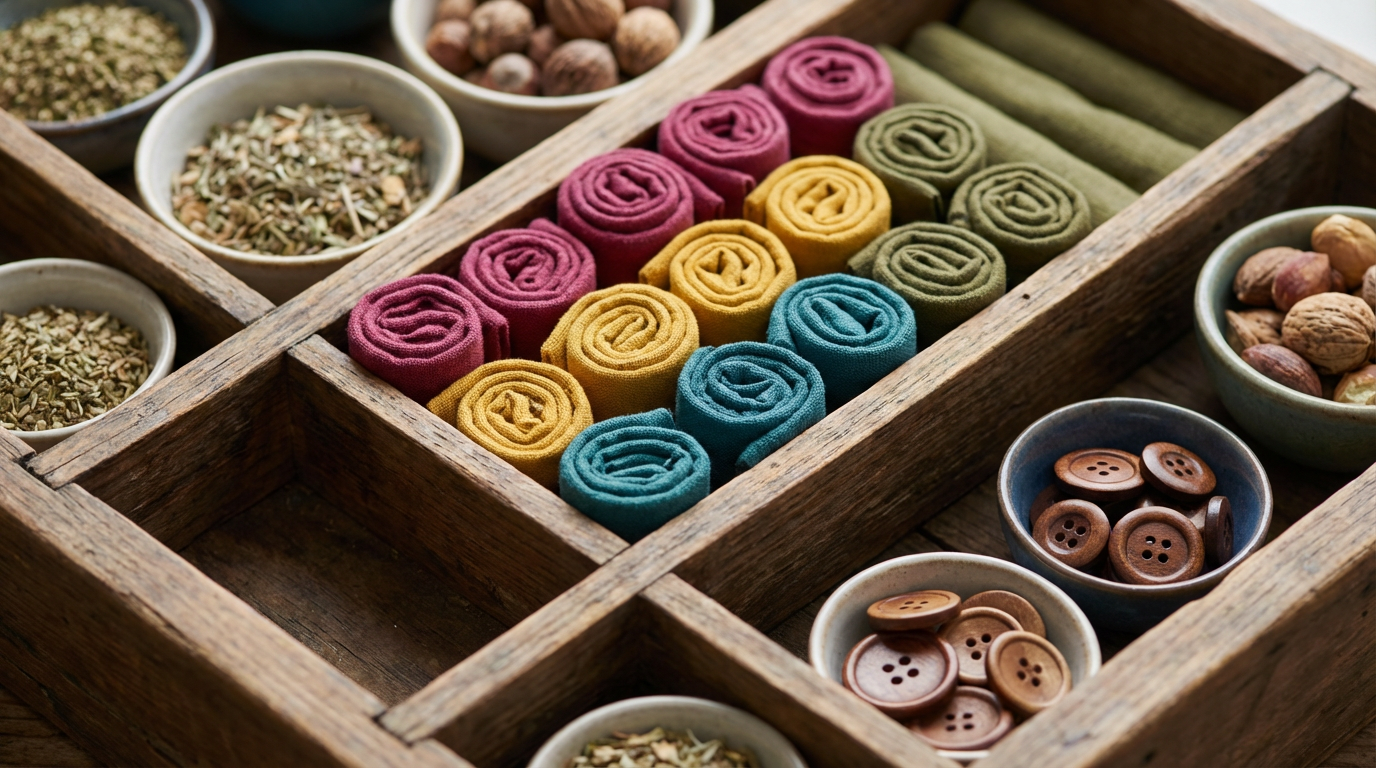 Kleiderschrank organisieren system mit Boxen und ordentlich gefalteter Kleidung