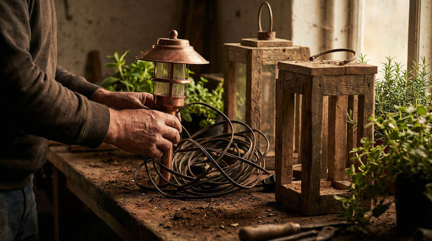 Moderne Gartenbeleuchtung Ideen mit LED-Strahlern und warmweißen Lichterketten auf einer Holzterrasse