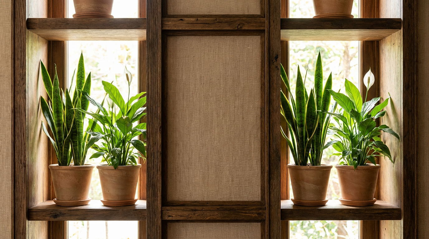 Verschiedene grüne Pflanzen für schlafzimmer auf einem Nachttisch zur Luftreinigung