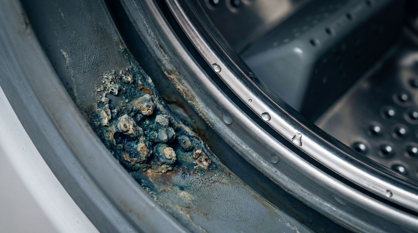 Waschmaschine reinigen mit Hausmitteln und Bürste an der Gummidichtung