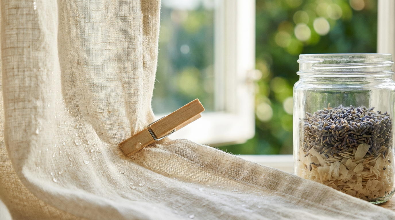 Weiße Gardinen hängen vor einem Fenster und werden mit gardinen waschen tipps gepflegt