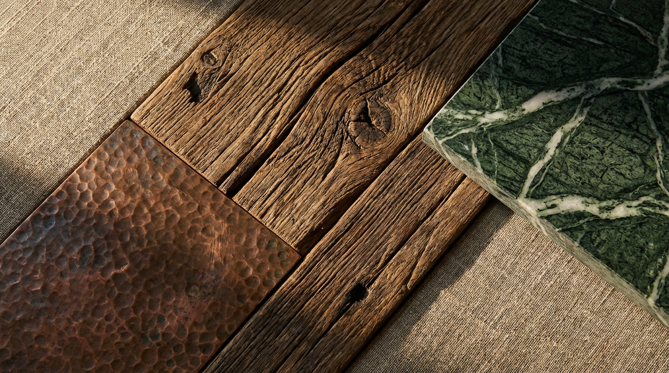 Verschiedene Couchtisch Materialien wie Holz, Glas und Metall in einer modernen Wohnzimmerumgebung
