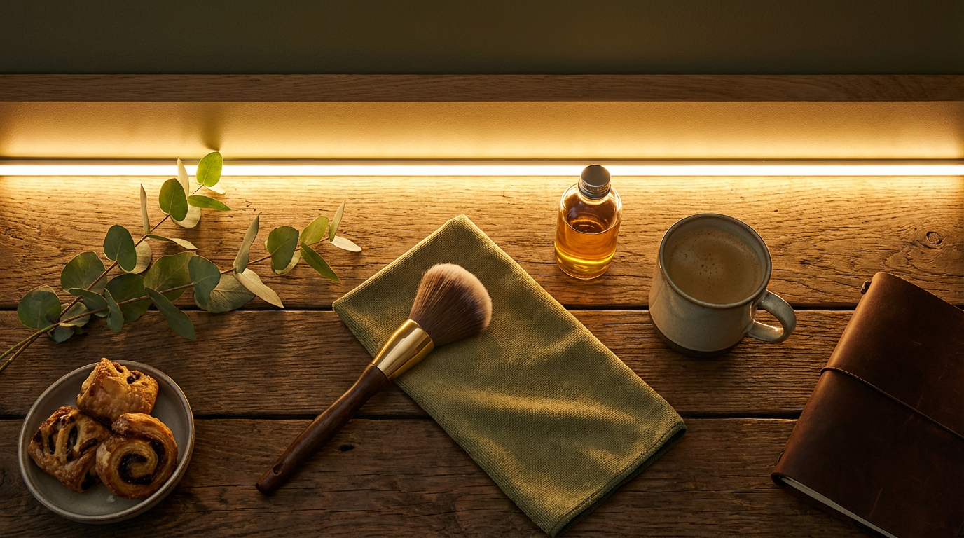 Reinigung und Wartung einer indirekten Beleuchtung an der Decke mit einem Mikrofasertuch