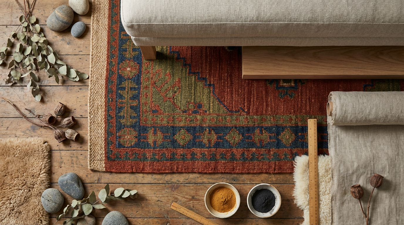 Skizze zur Veranschaulichung wie man einen Teppich unter Sofa richtig platzieren kann