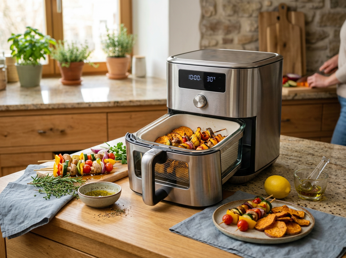 heißluftfritteuse ohne teflon und plastik – thematisch passendes Beitragsbild